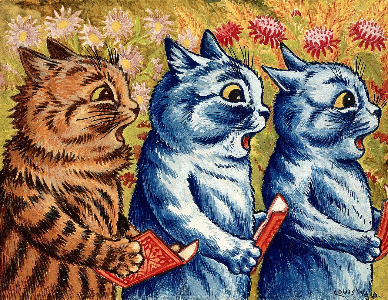 Three cats singing by Louis Wain